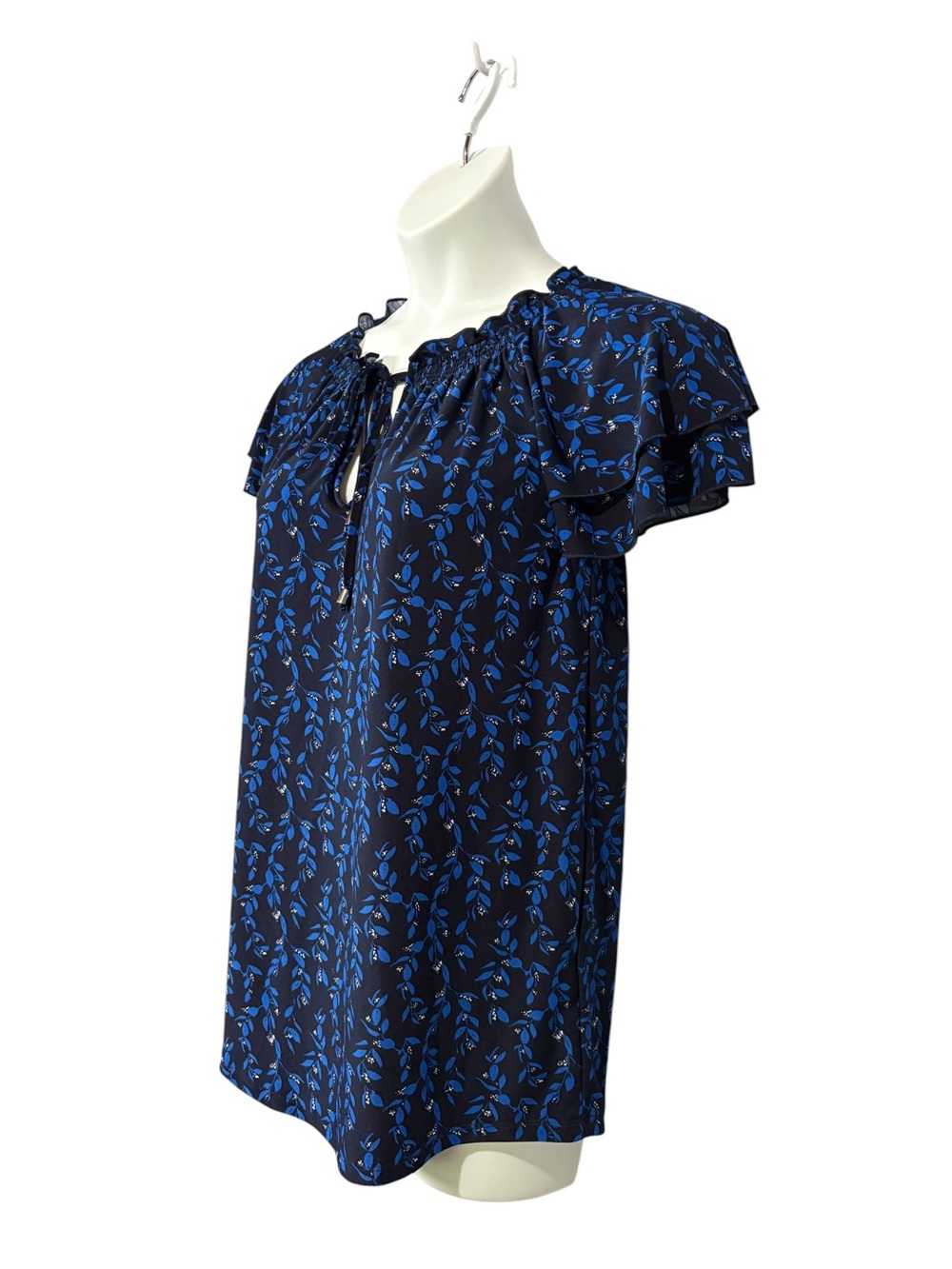 Lily Morgan, Navy Blue Leaf Print Ruffle Sleeve Stretch Blouse Tie Neck, Large - Picture 6 of 9